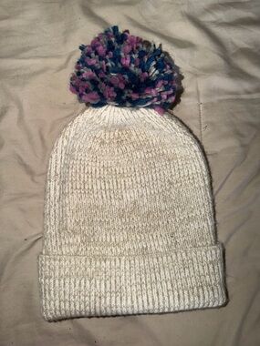Cream w/ gray Knit Pom Beanie with Multicolor Pom - Unbranded